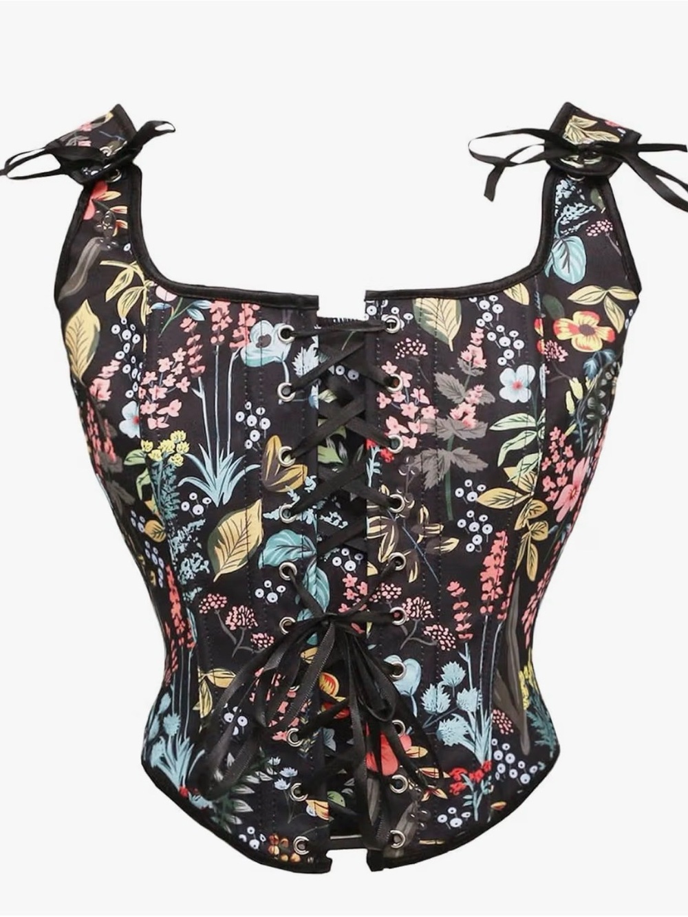Floral Lace-Up Corset Top - Black Multi